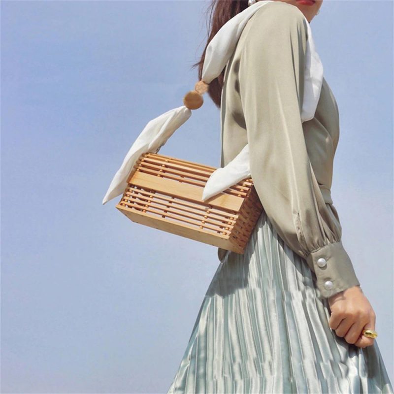 Ribbon Strap Bamboo Bag - Hollow Out Bamboo Handbag - Shoulder Bamboo Bag