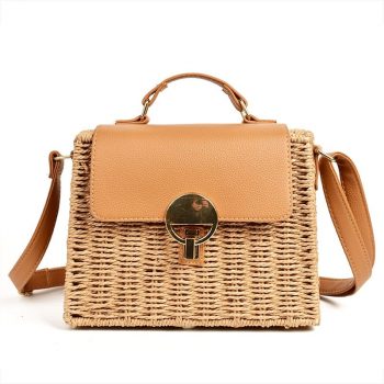 Mirror Trapezoid Button Lock Rattan Bags Crossbody Woven Bags